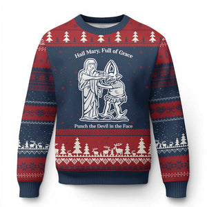 Funny Catholic Faith Humor Ugly Christmas Sweater Hail Mary Full of Grace Punch the Devil in the Face TS02 Navy Red Print Your Wear