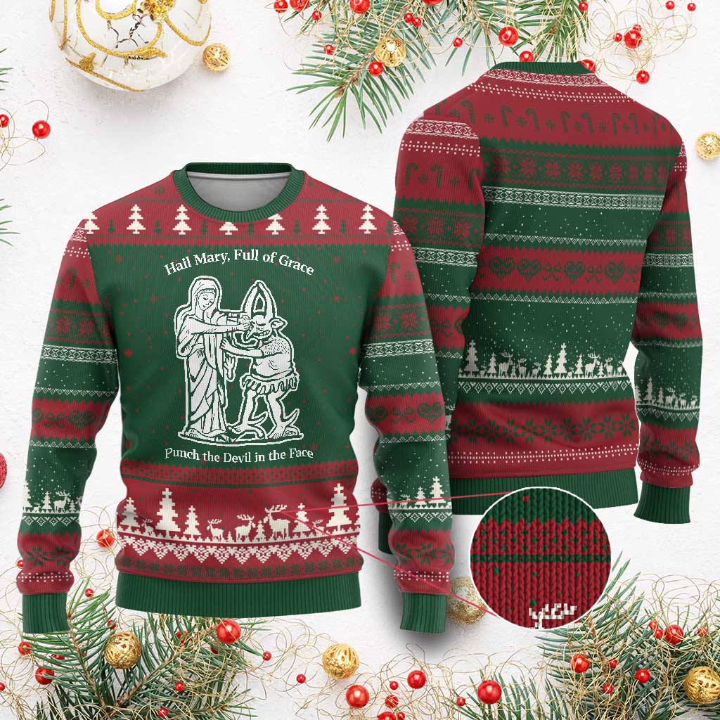 Funny Catholic Faith Humor Ugly Christmas Sweater Hail Mary Full of Grace Punch the Devil in the Face TS02 Red Green Print Your Wear