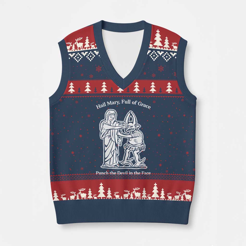 Funny Catholic Faith Humor V-Neck Knit Sweater Vest Hail Mary Full of Grace Punch the Devil in the Face TS02 Navy Red Print Your Wear