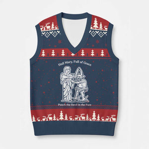 Funny Catholic Faith Humor V-Neck Knit Sweater Vest Hail Mary Full of Grace Punch the Devil in the Face TS02 Navy Red Print Your Wear
