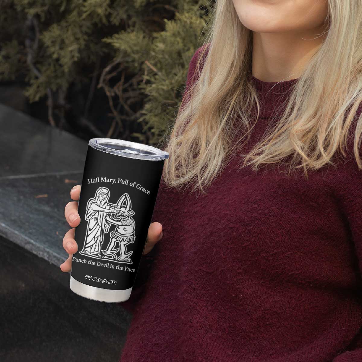 Funny Catholic Faith Humor Tumbler Cup Hail Mary Full of Grace Punch the Devil in the Face TS02 Print Your Wear