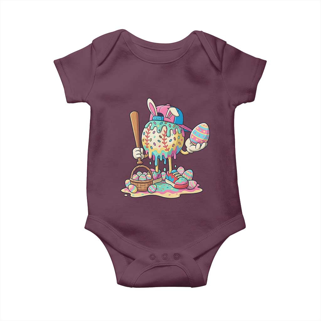 Funny Baseball Easter Bunny Graphic Baby Onesie Colorful Drip Egg Hunt Sports Mashup TS02 Maroon Print Your Wear