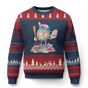 Funny Baseball Easter Bunny Graphic Ugly Christmas Sweater Colorful Drip Egg Hunt Sports Mashup TS02 Navy Red Print Your Wear