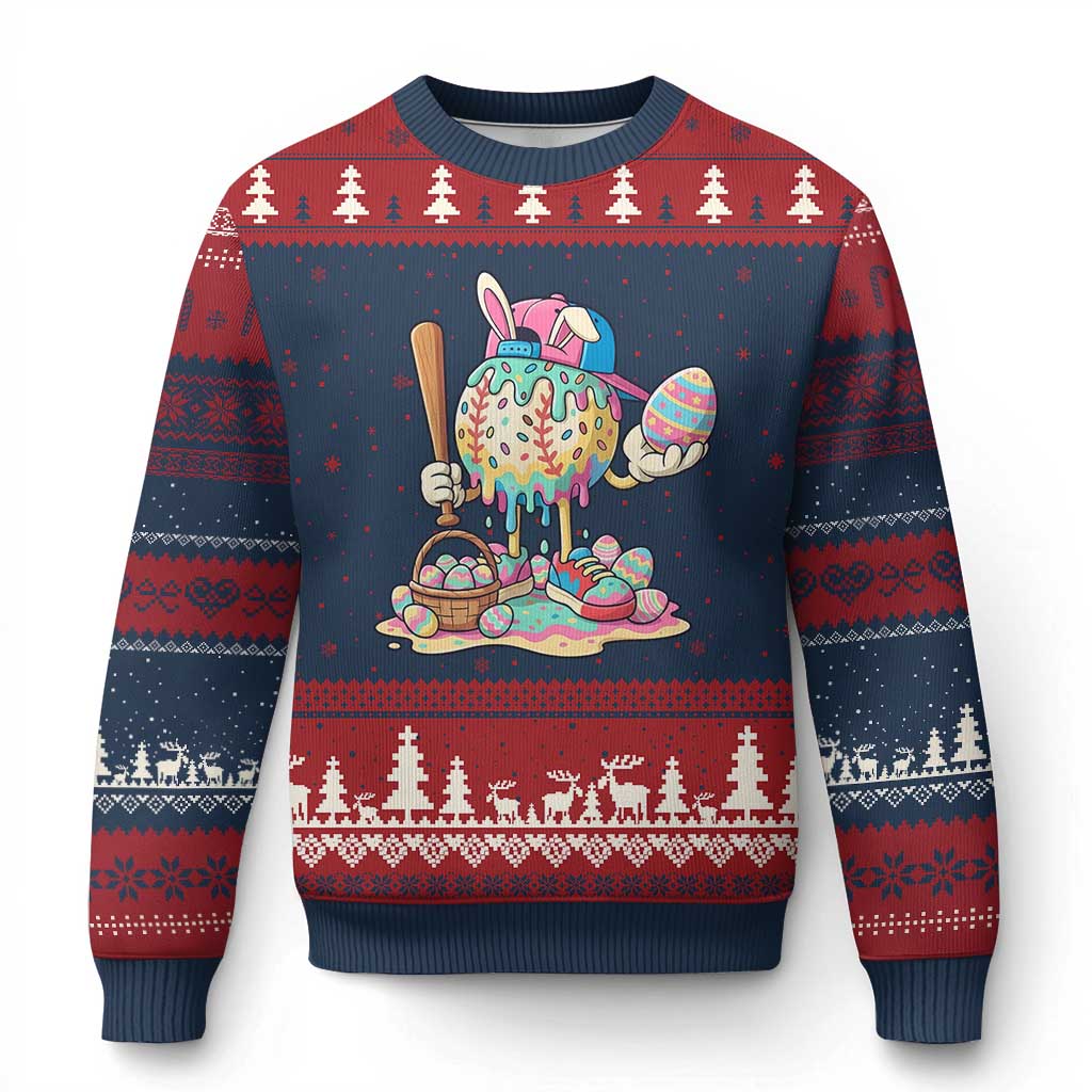 Funny Baseball Easter Bunny Graphic Ugly Christmas Sweater Colorful Drip Egg Hunt Sports Mashup TS02 Navy Red Print Your Wear