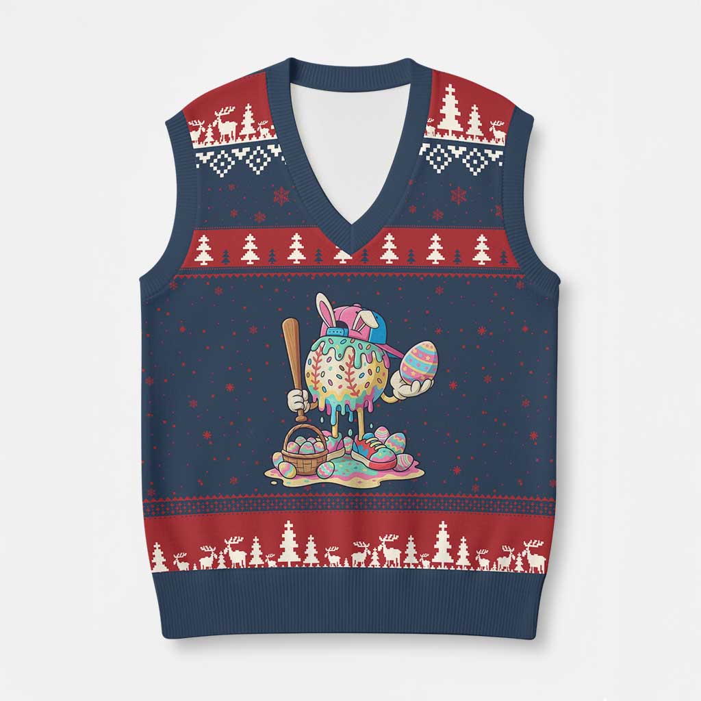Funny Baseball Easter Bunny Graphic V-Neck Knit Sweater Vest Colorful Drip Egg Hunt Sports Mashup TS02 Navy Red Print Your Wear