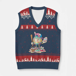 Funny Baseball Easter Bunny Graphic V-Neck Knit Sweater Vest Colorful Drip Egg Hunt Sports Mashup TS02 Navy Red Print Your Wear