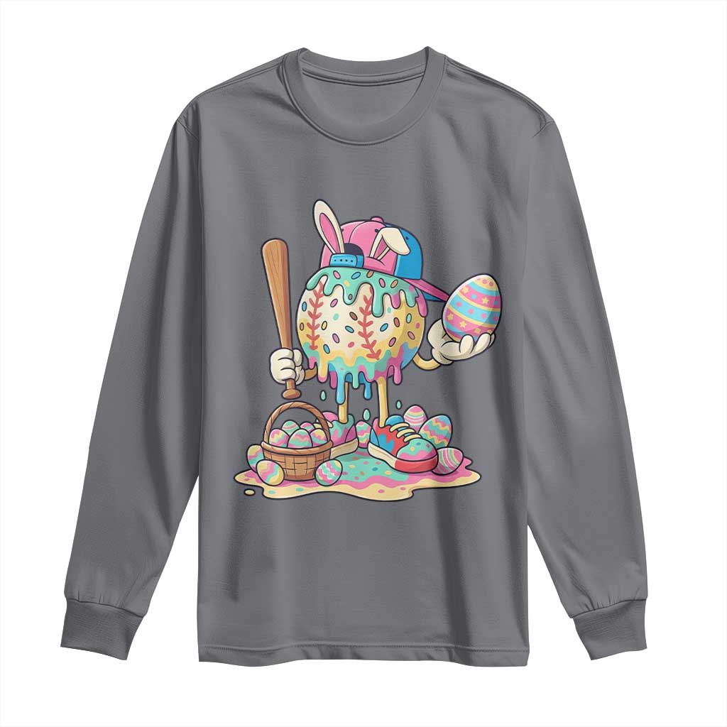 Funny Baseball Easter Bunny Graphic Long Sleeve Shirt Colorful Drip Egg Hunt Sports Mashup TS02 Charcoal Print Your Wear