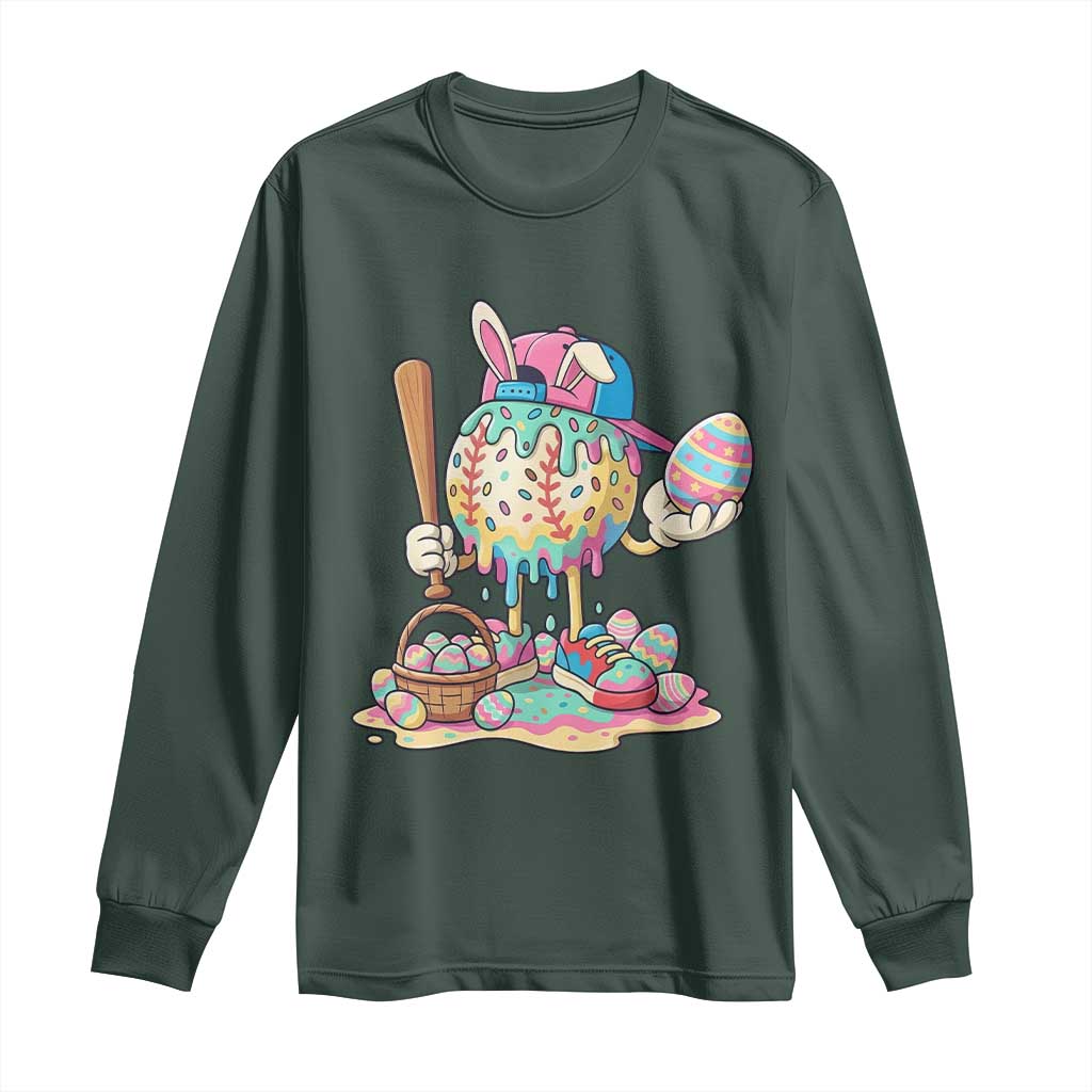 Funny Baseball Easter Bunny Graphic Long Sleeve Shirt Colorful Drip Egg Hunt Sports Mashup TS02 Dark Forest Green Print Your Wear