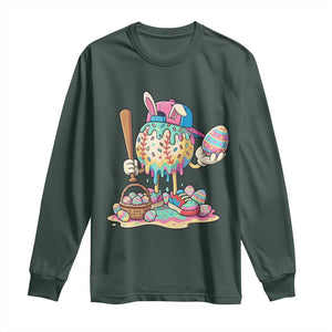 Funny Baseball Easter Bunny Graphic Long Sleeve Shirt Colorful Drip Egg Hunt Sports Mashup TS02 Dark Forest Green Print Your Wear