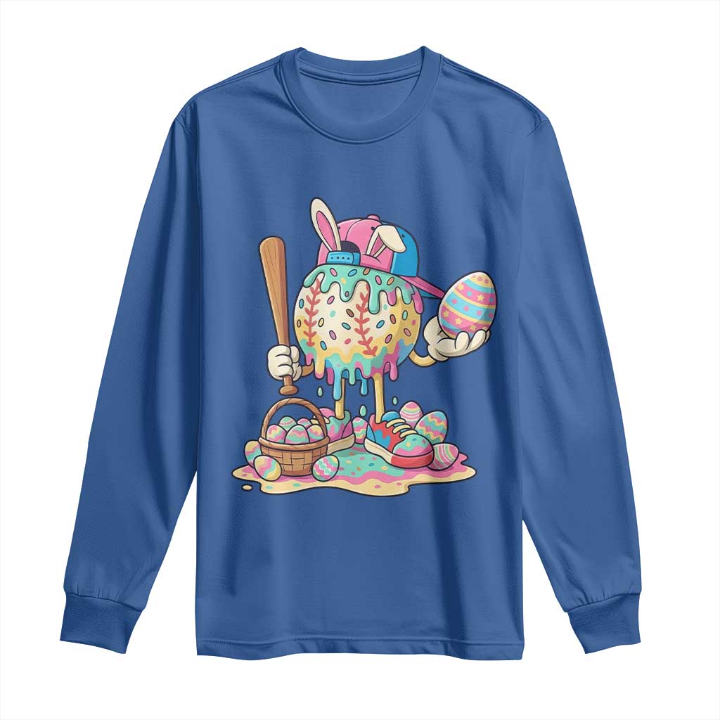 Funny Baseball Easter Bunny Graphic Long Sleeve Shirt Colorful Drip Egg Hunt Sports Mashup TS02 Royal Blue Print Your Wear