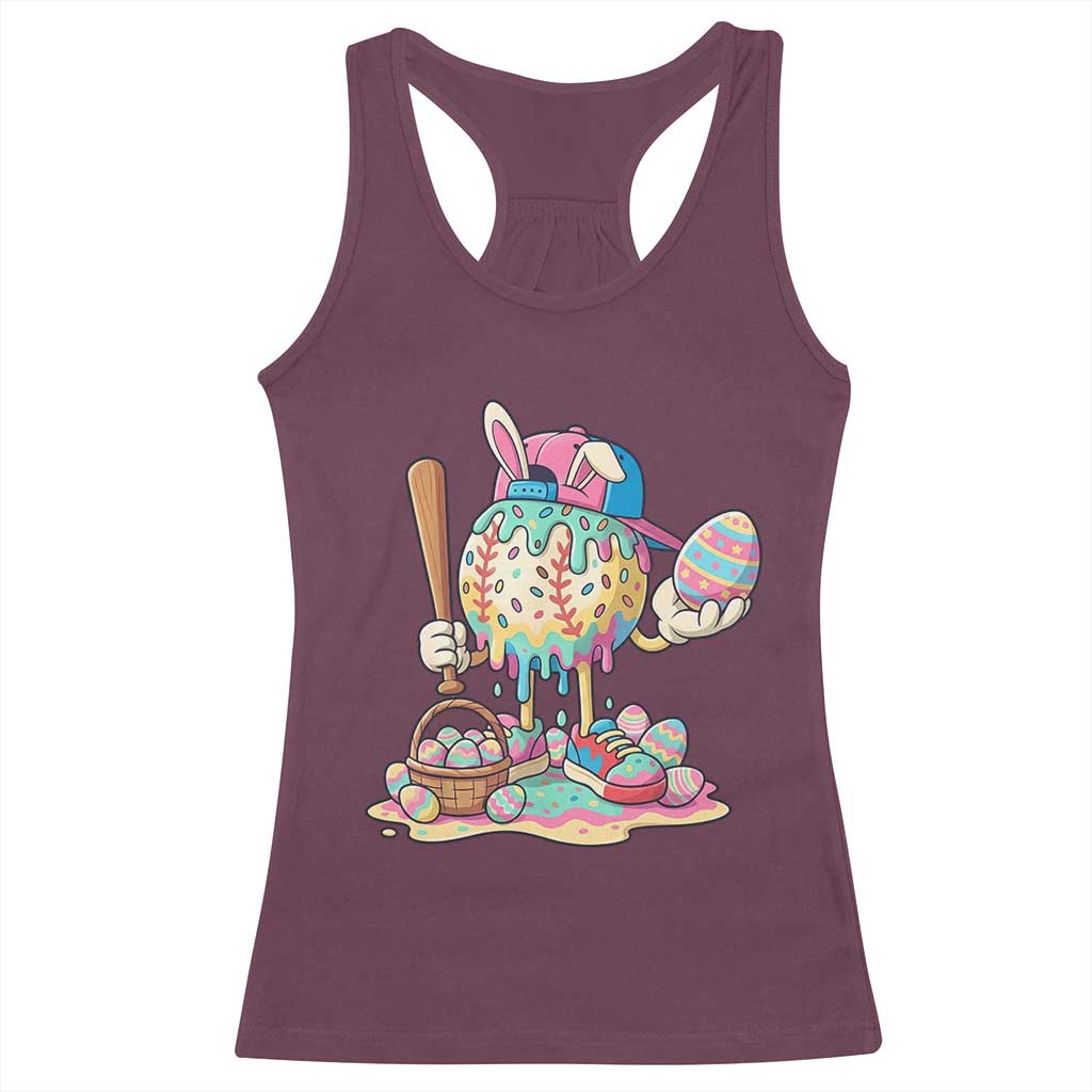 Funny Baseball Easter Bunny Graphic Racerback Tank Top Colorful Drip Egg Hunt Sports Mashup TS02 Maroon Print Your Wear