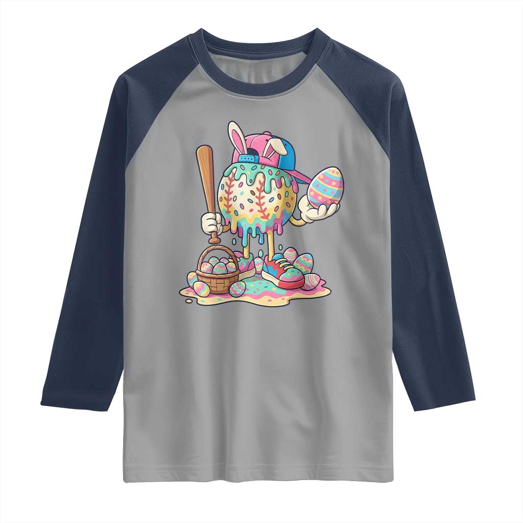 Funny Baseball Easter Bunny Graphic Raglan Shirt Colorful Drip Egg Hunt Sports Mashup TS02 Sport Gray Navy Print Your Wear
