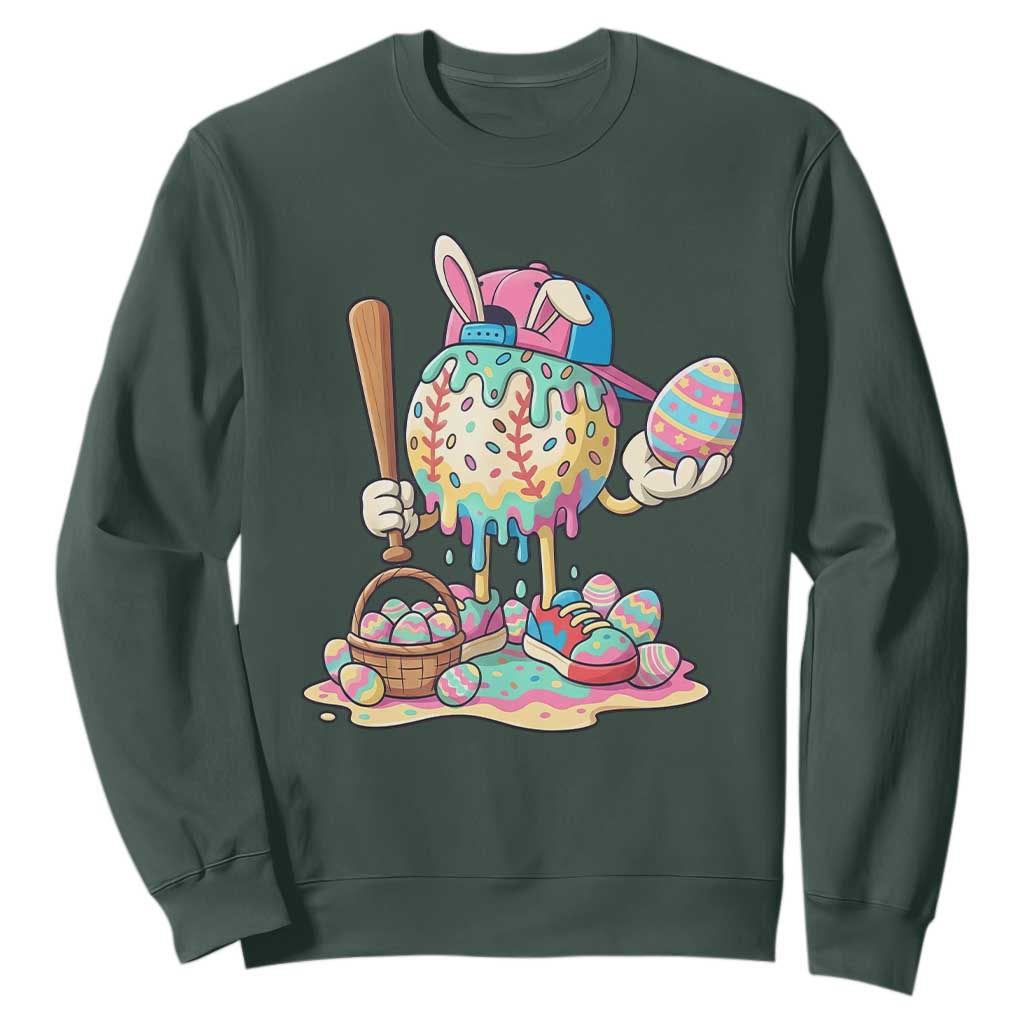 Funny Baseball Easter Bunny Graphic Sweatshirt Colorful Drip Egg Hunt Sports Mashup TS02 Dark Forest Green Print Your Wear