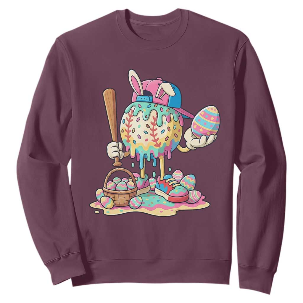 Funny Baseball Easter Bunny Graphic Sweatshirt Colorful Drip Egg Hunt Sports Mashup TS02 Maroon Print Your Wear