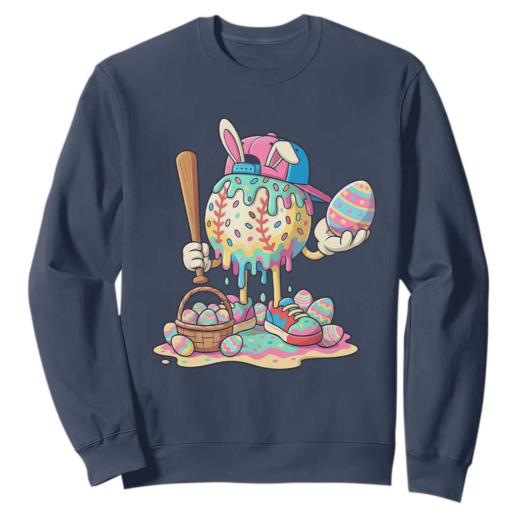 Funny Baseball Easter Bunny Graphic Sweatshirt Colorful Drip Egg Hunt Sports Mashup TS02 Navy Print Your Wear