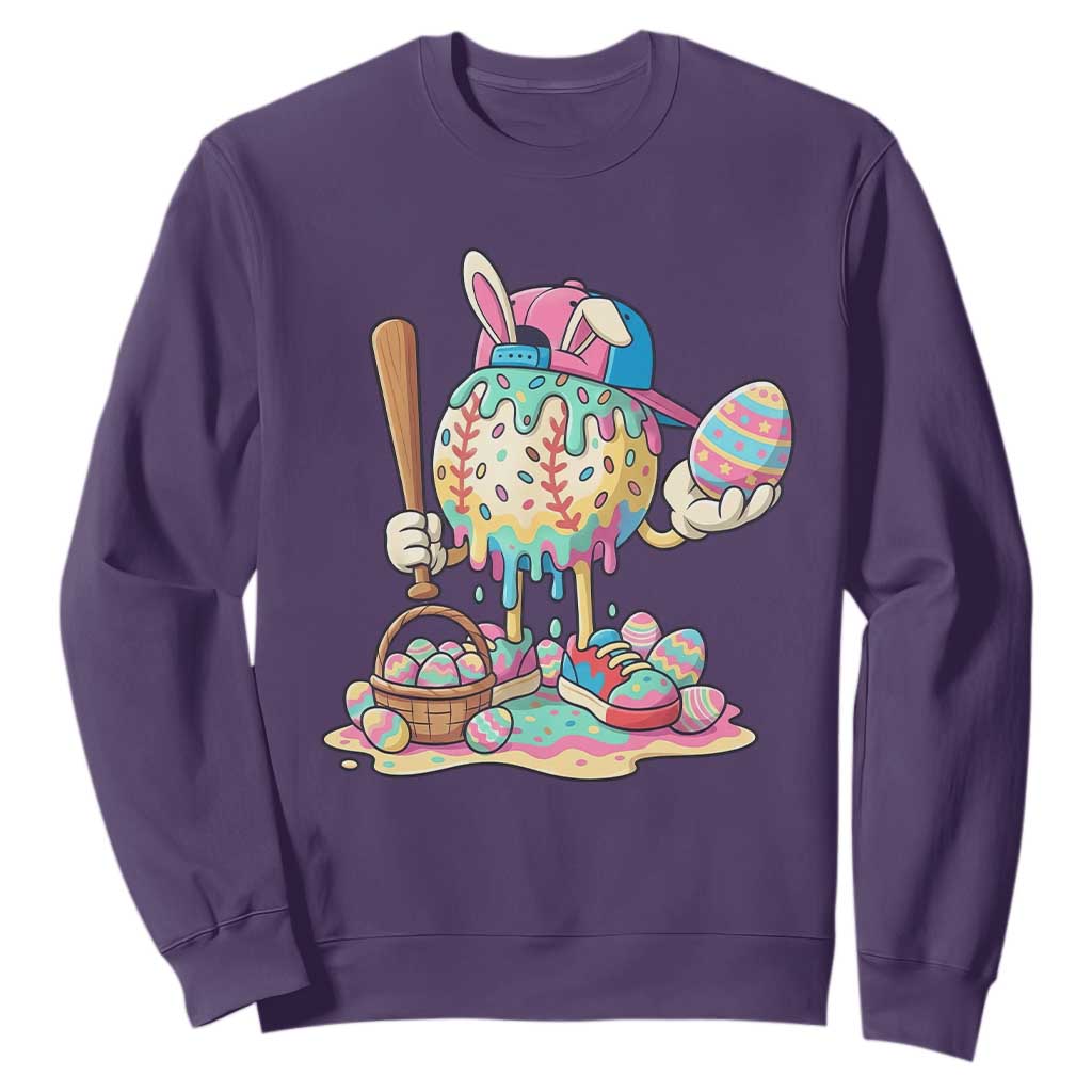 Funny Baseball Easter Bunny Graphic Sweatshirt Colorful Drip Egg Hunt Sports Mashup TS02 Purple Print Your Wear