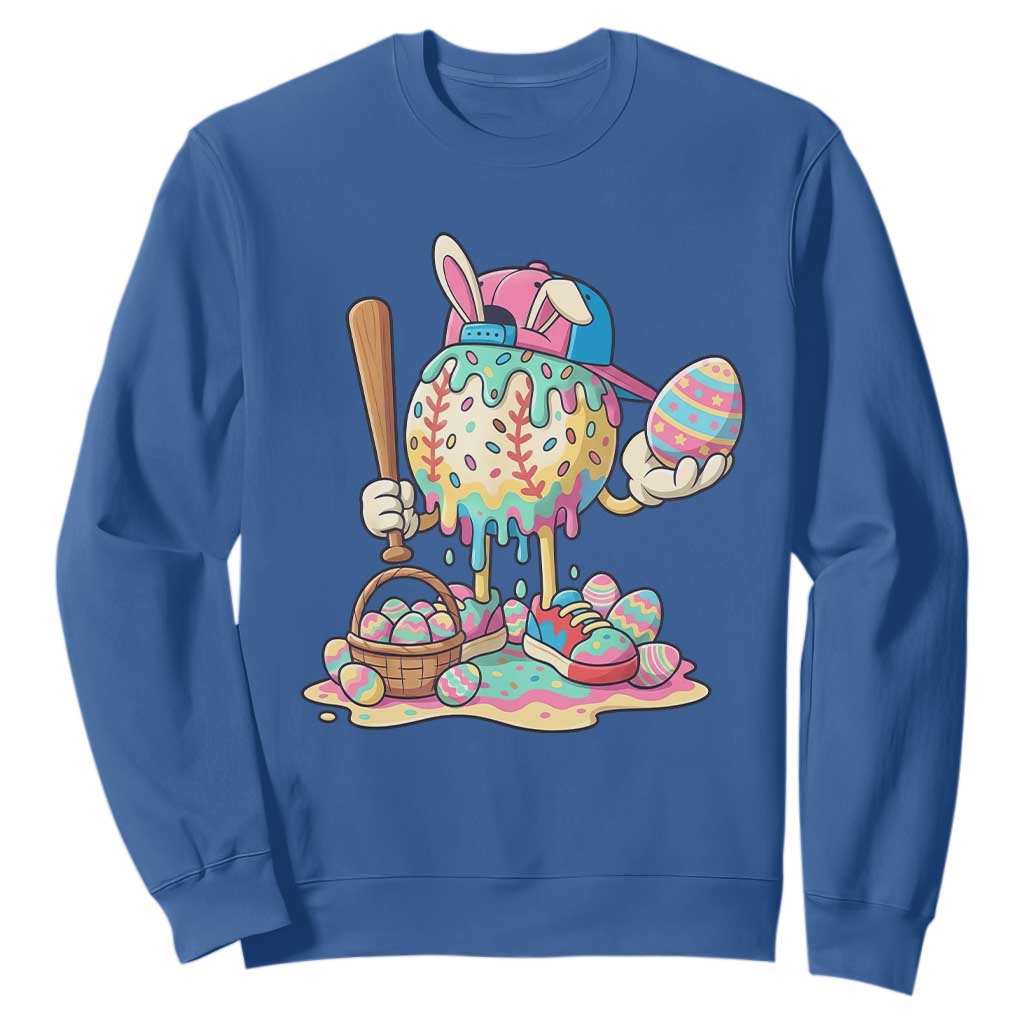 Funny Baseball Easter Bunny Graphic Sweatshirt Colorful Drip Egg Hunt Sports Mashup TS02 Royal Blue Print Your Wear