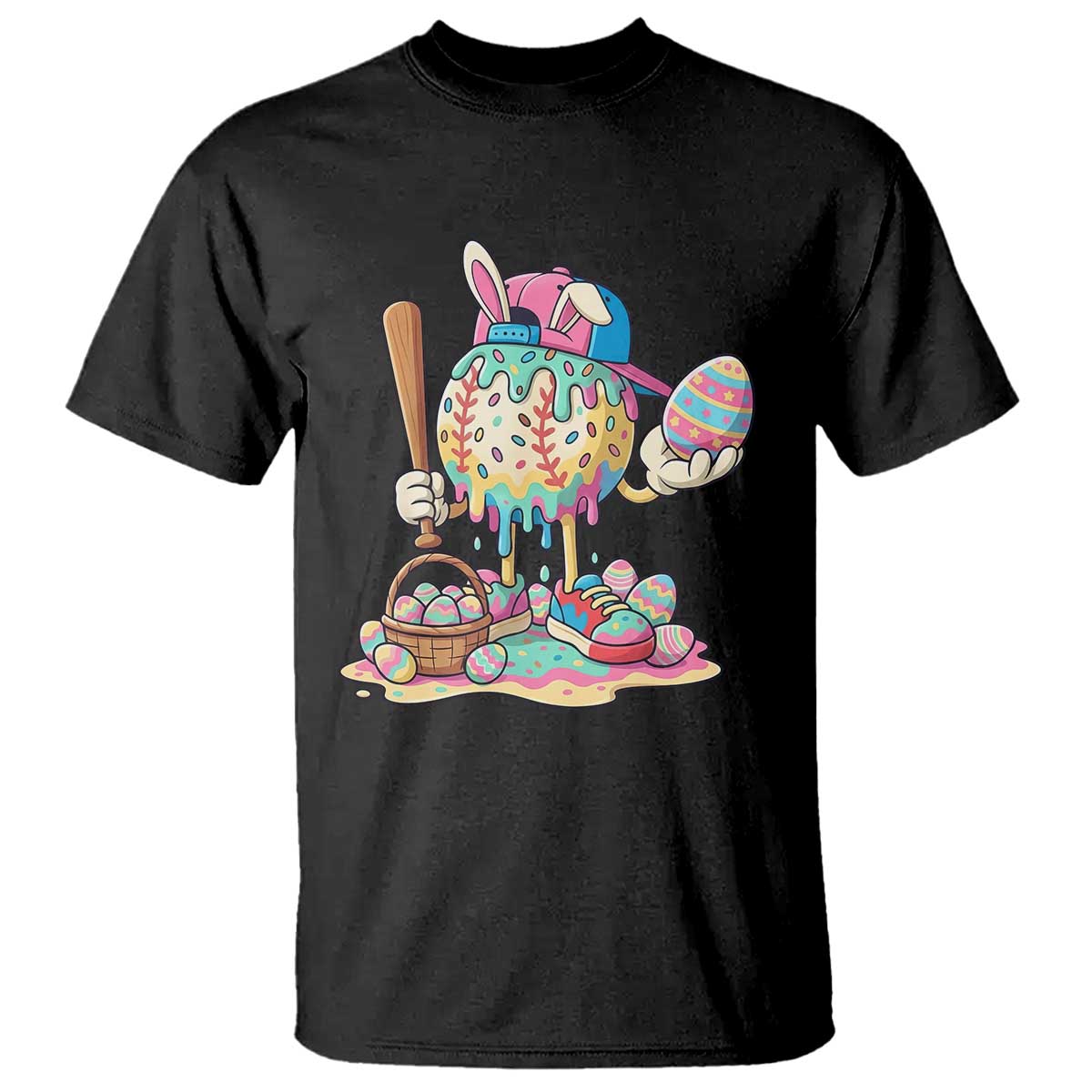 Funny Baseball Easter Bunny Graphic T Shirt Colorful Drip Egg Hunt Sports Mashup TS02 Black Print Your Wear