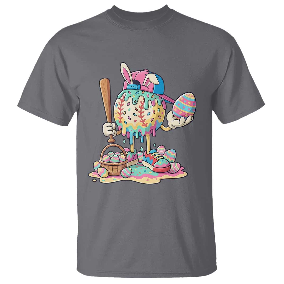 Funny Baseball Easter Bunny Graphic T Shirt Colorful Drip Egg Hunt Sports Mashup TS02 Charcoal Print Your Wear