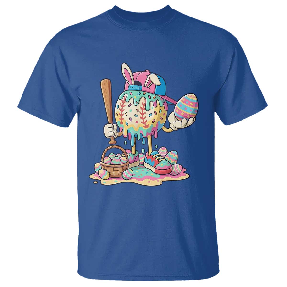 Funny Baseball Easter Bunny Graphic T Shirt Colorful Drip Egg Hunt Sports Mashup TS02 Royal Blue Print Your Wear