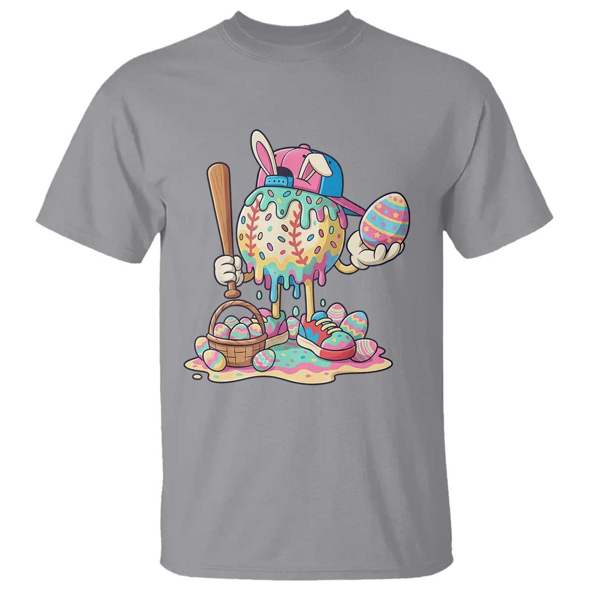 Funny Baseball Easter Bunny Graphic T Shirt Colorful Drip Egg Hunt Sports Mashup TS02 Sport Gray Print Your Wear