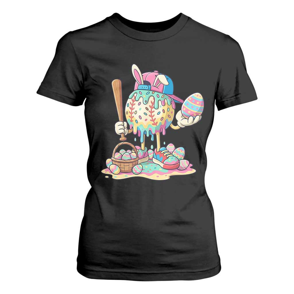 Funny Baseball Easter Bunny Graphic T Shirt For Women Colorful Drip Egg Hunt Sports Mashup TS02 Black Print Your Wear