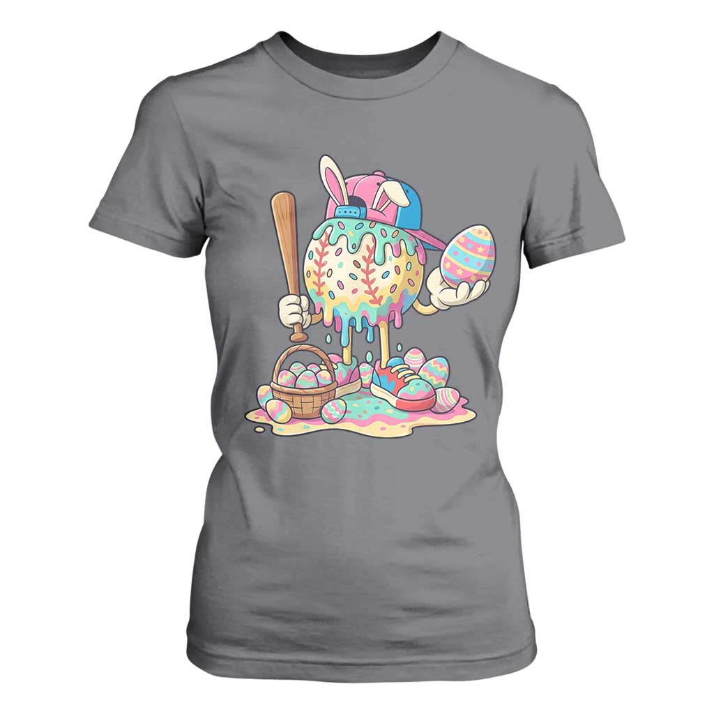 Funny Baseball Easter Bunny Graphic T Shirt For Women Colorful Drip Egg Hunt Sports Mashup TS02 Charcoal Print Your Wear