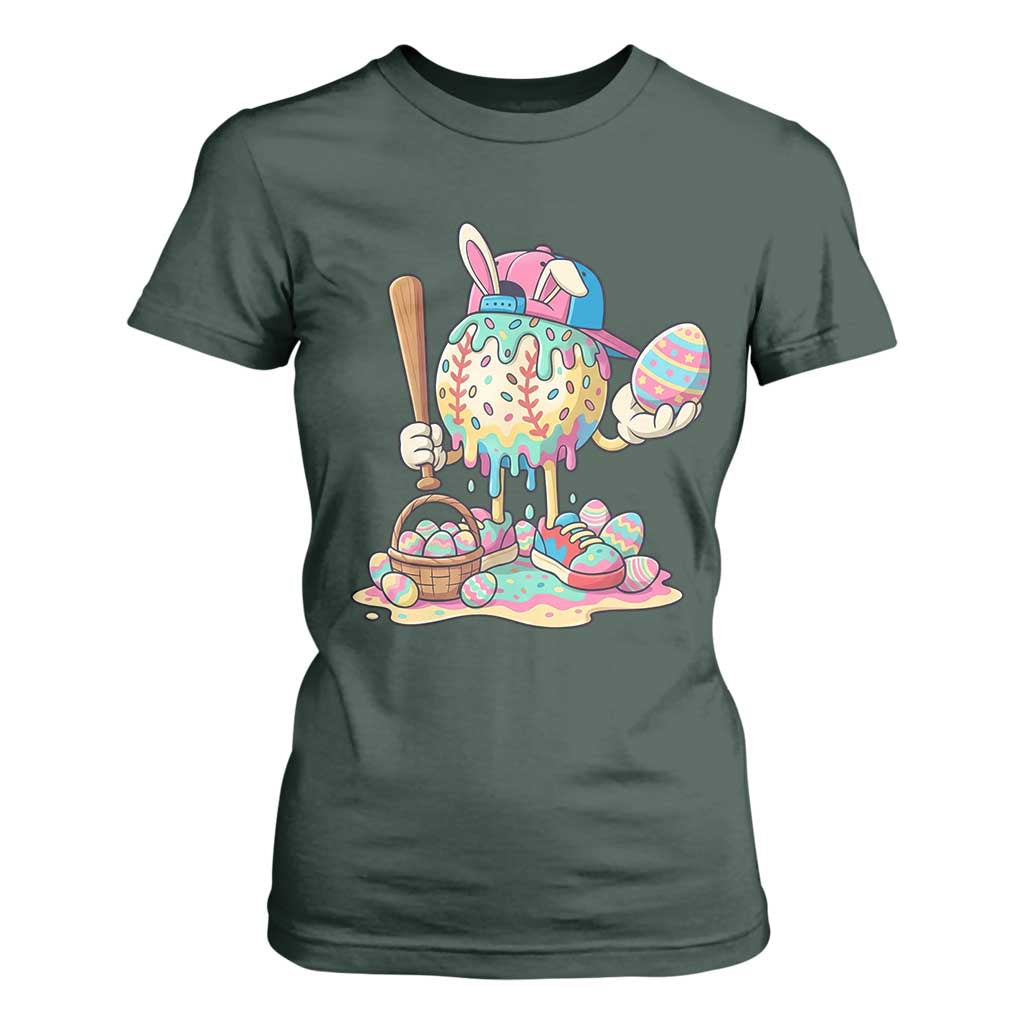 Funny Baseball Easter Bunny Graphic T Shirt For Women Colorful Drip Egg Hunt Sports Mashup TS02 Dark Forest Green Print Your Wear