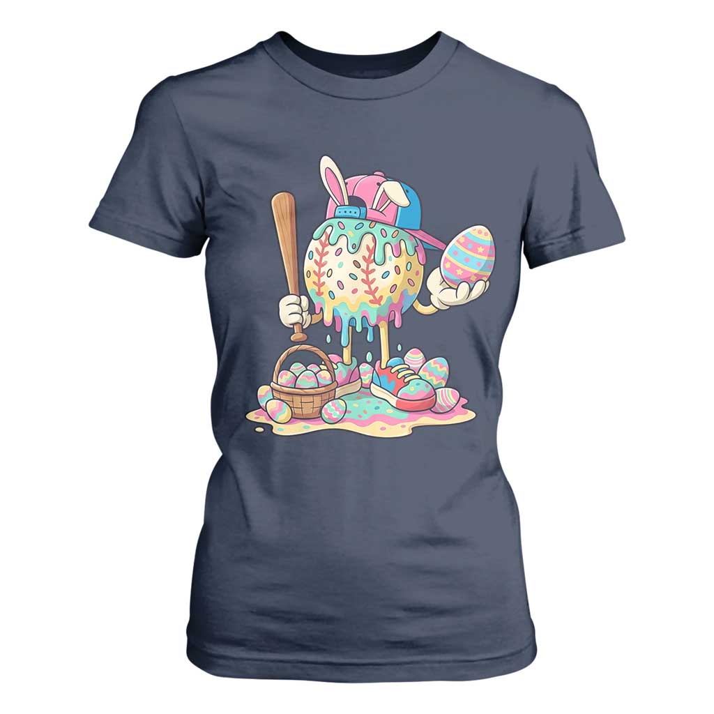 Funny Baseball Easter Bunny Graphic T Shirt For Women Colorful Drip Egg Hunt Sports Mashup TS02 Navy Print Your Wear