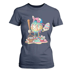 Funny Baseball Easter Bunny Graphic T Shirt For Women Colorful Drip Egg Hunt Sports Mashup TS02 Navy Print Your Wear