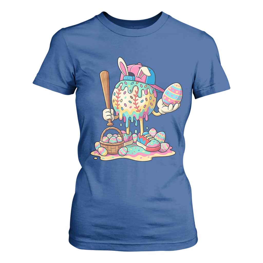Funny Baseball Easter Bunny Graphic T Shirt For Women Colorful Drip Egg Hunt Sports Mashup TS02 Royal Blue Print Your Wear