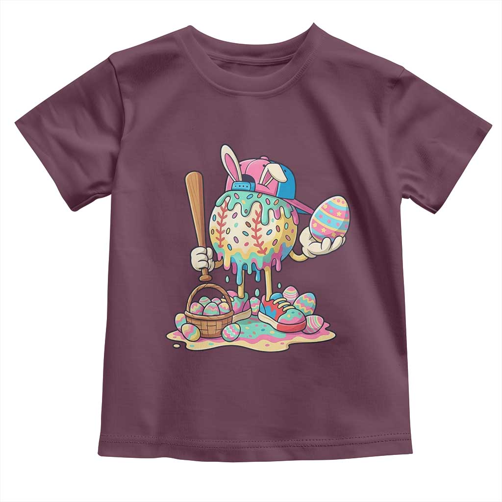 Funny Baseball Easter Bunny Graphic Toddler T Shirt Colorful Drip Egg Hunt Sports Mashup TS02 Maroon Print Your Wear