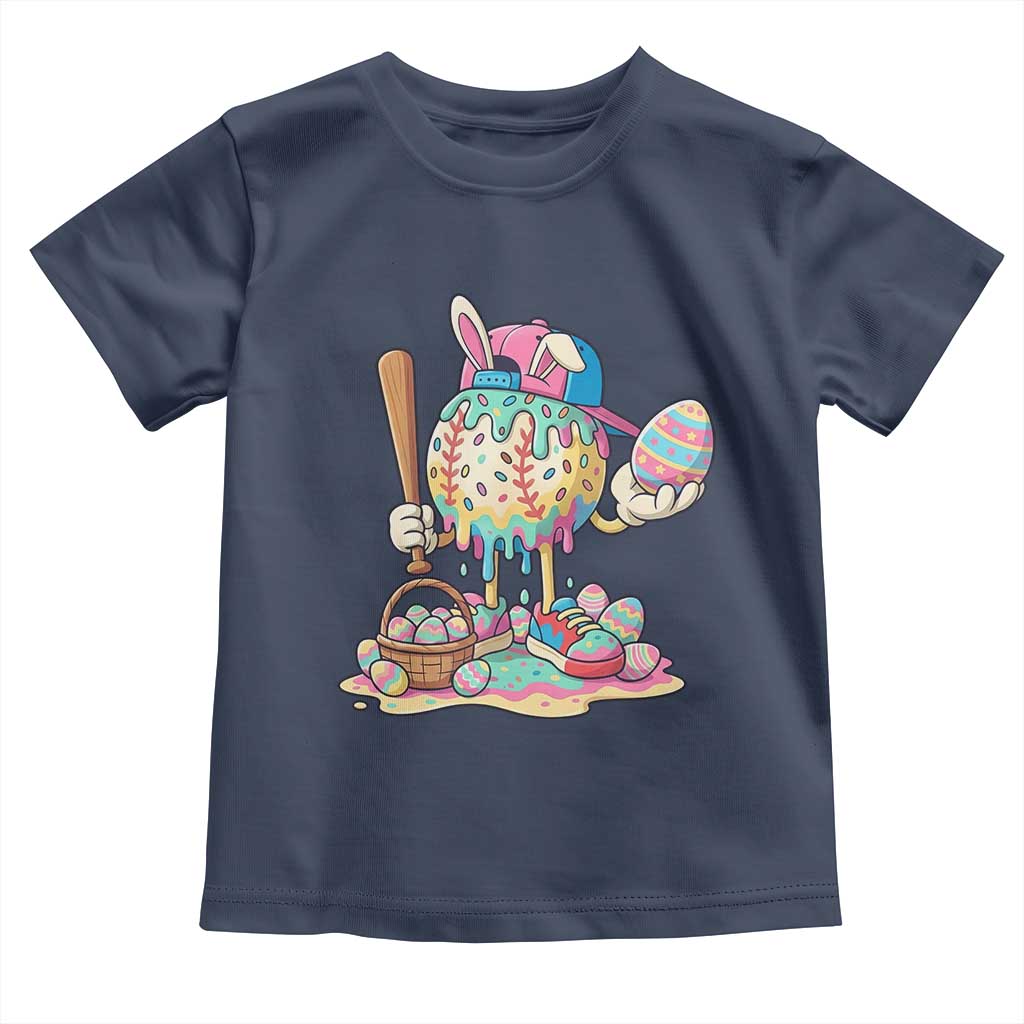 Funny Baseball Easter Bunny Graphic Toddler T Shirt Colorful Drip Egg Hunt Sports Mashup TS02 Navy Print Your Wear