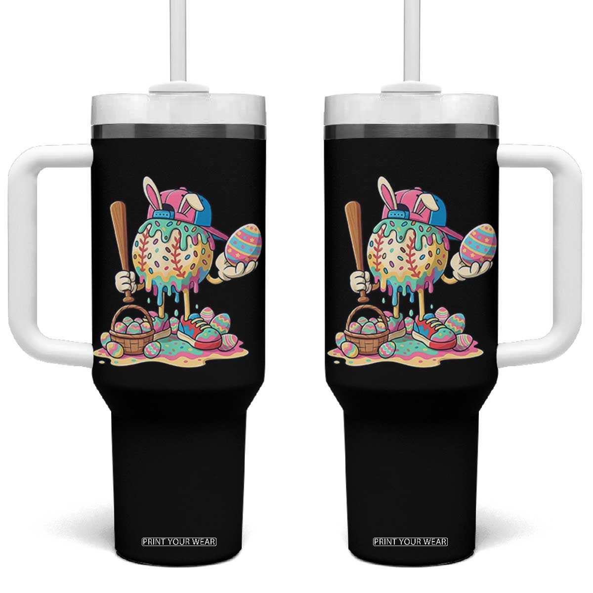 Funny Baseball Easter Bunny Graphic Tumbler With Handle Colorful Drip Egg Hunt Sports Mashup TS02 One Size: 40 oz Black Print Your Wear
