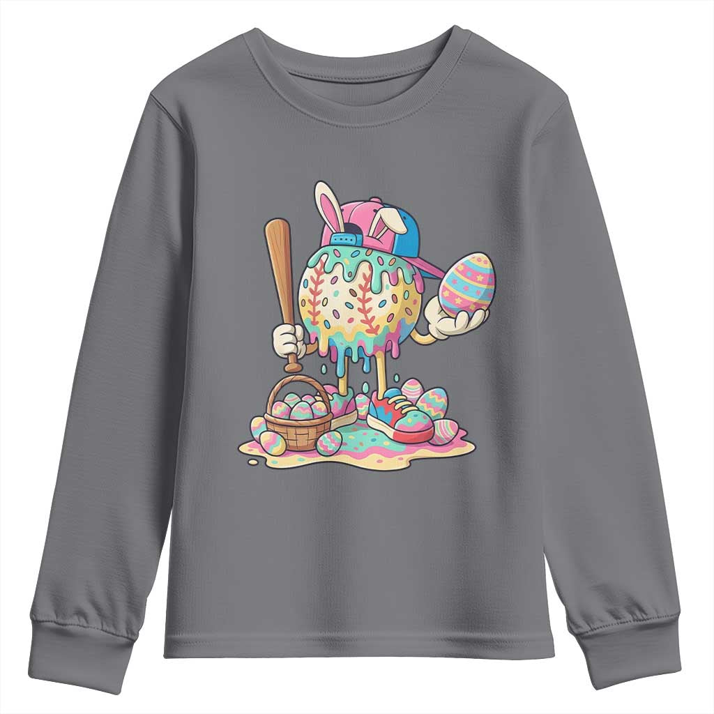 Funny Baseball Easter Bunny Graphic Youth Sweatshirt Colorful Drip Egg Hunt Sports Mashup TS02 Charcoal Print Your Wear