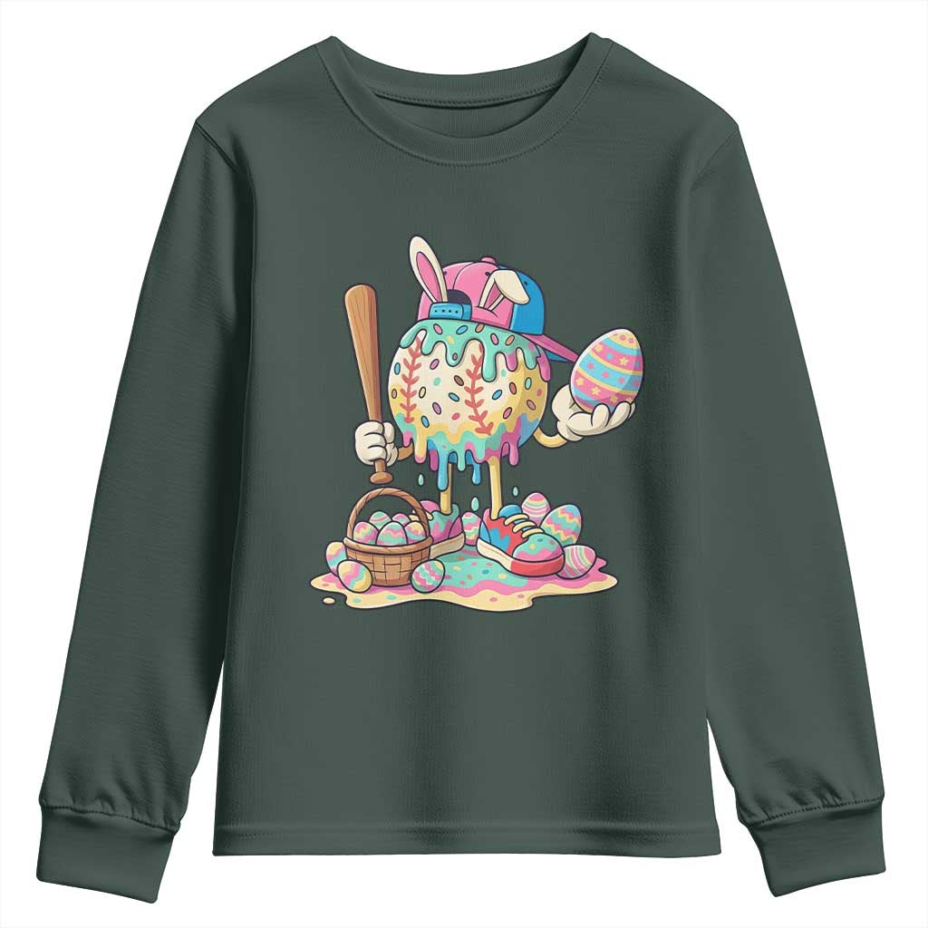 Funny Baseball Easter Bunny Graphic Youth Sweatshirt Colorful Drip Egg Hunt Sports Mashup TS02 Dark Forest Green Print Your Wear