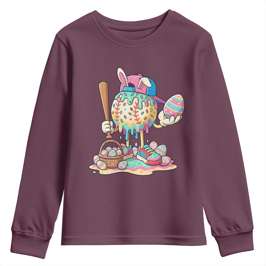 Funny Baseball Easter Bunny Graphic Youth Sweatshirt Colorful Drip Egg Hunt Sports Mashup TS02 Maroon Print Your Wear