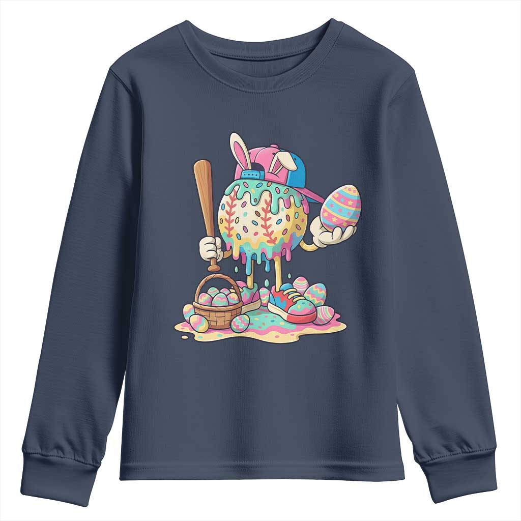 Funny Baseball Easter Bunny Graphic Youth Sweatshirt Colorful Drip Egg Hunt Sports Mashup TS02 Navy Print Your Wear