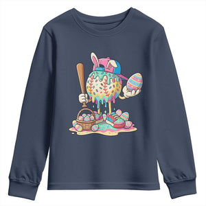 Funny Baseball Easter Bunny Graphic Youth Sweatshirt Colorful Drip Egg Hunt Sports Mashup TS02 Navy Print Your Wear
