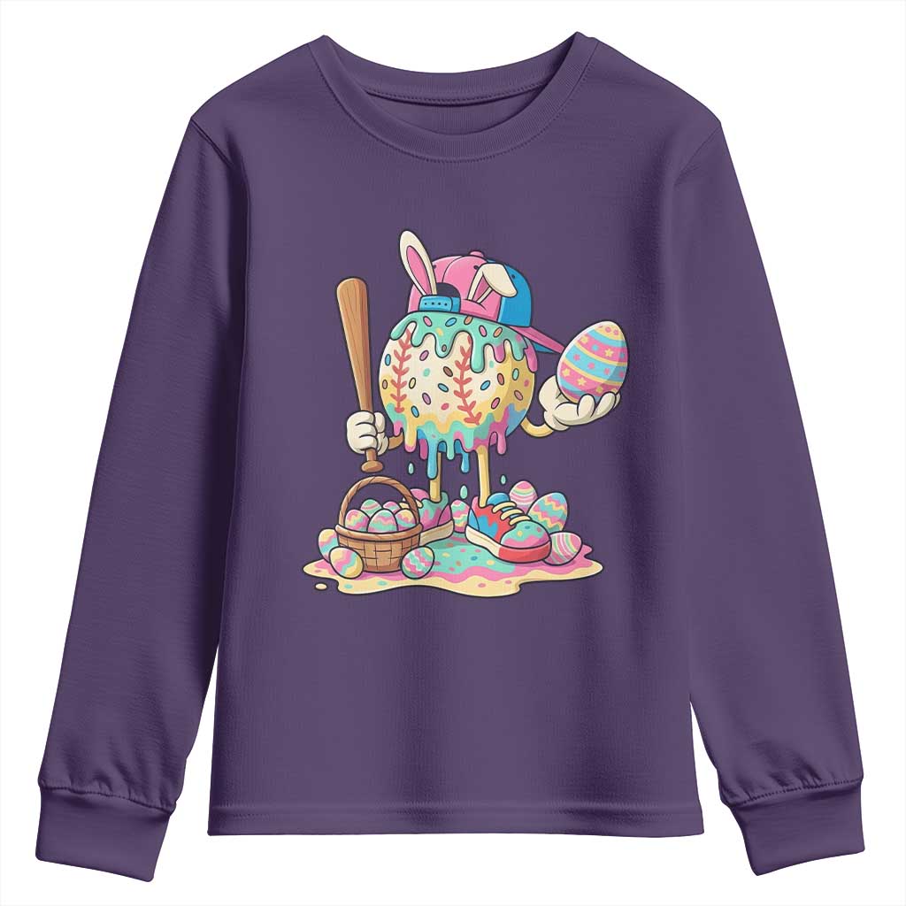 Funny Baseball Easter Bunny Graphic Youth Sweatshirt Colorful Drip Egg Hunt Sports Mashup TS02 Purple Print Your Wear