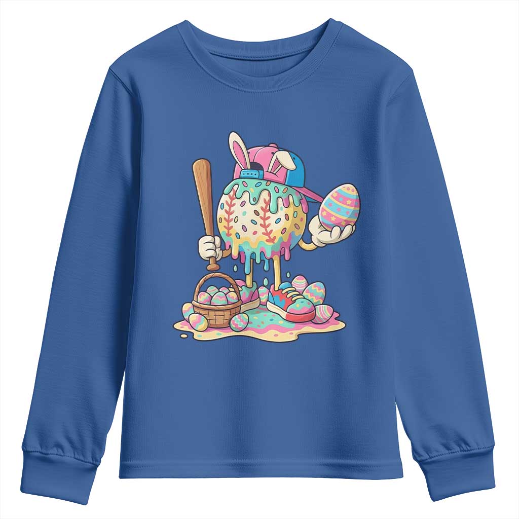 Funny Baseball Easter Bunny Graphic Youth Sweatshirt Colorful Drip Egg Hunt Sports Mashup TS02 Royal Blue Print Your Wear