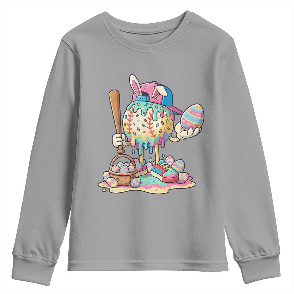 Funny Baseball Easter Bunny Graphic Youth Sweatshirt Colorful Drip Egg Hunt Sports Mashup TS02 Sport Gray Print Your Wear