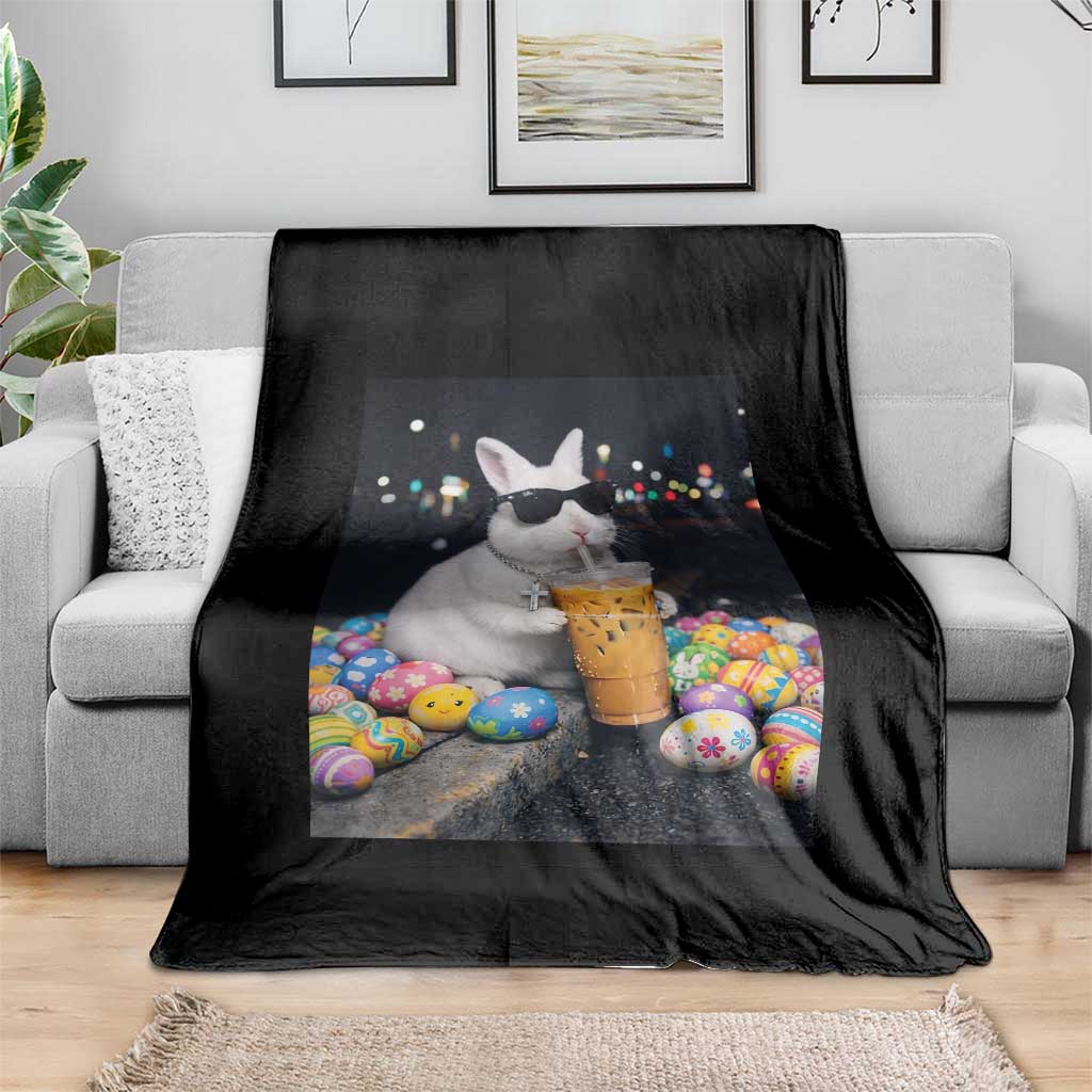 Cool Easter Bunny Drinking Iced Coffee Graphic Throw Blanket Funny Sunglasses Rabbit Spring Aesthetic TS02 Print Your Wear