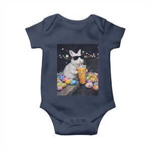 Cool Easter Bunny Drinking Iced Coffee Graphic Baby Onesie Funny Sunglasses Rabbit Spring Aesthetic TS02 Navy Print Your Wear