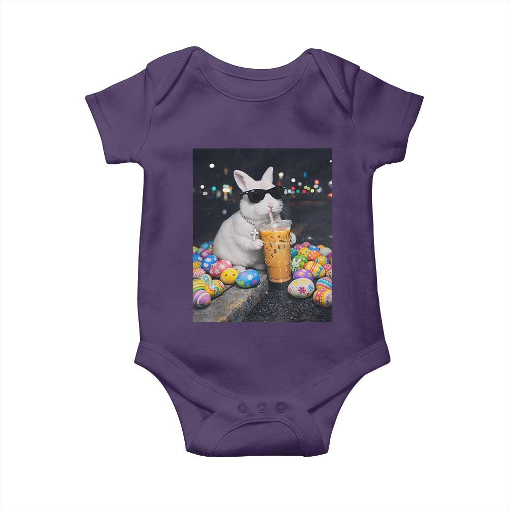 Cool Easter Bunny Drinking Iced Coffee Graphic Baby Onesie Funny Sunglasses Rabbit Spring Aesthetic TS02 Purple Print Your Wear