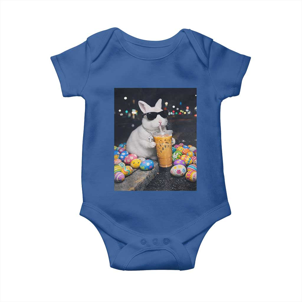 Cool Easter Bunny Drinking Iced Coffee Graphic Baby Onesie Funny Sunglasses Rabbit Spring Aesthetic TS02 Royal Blue Print Your Wear