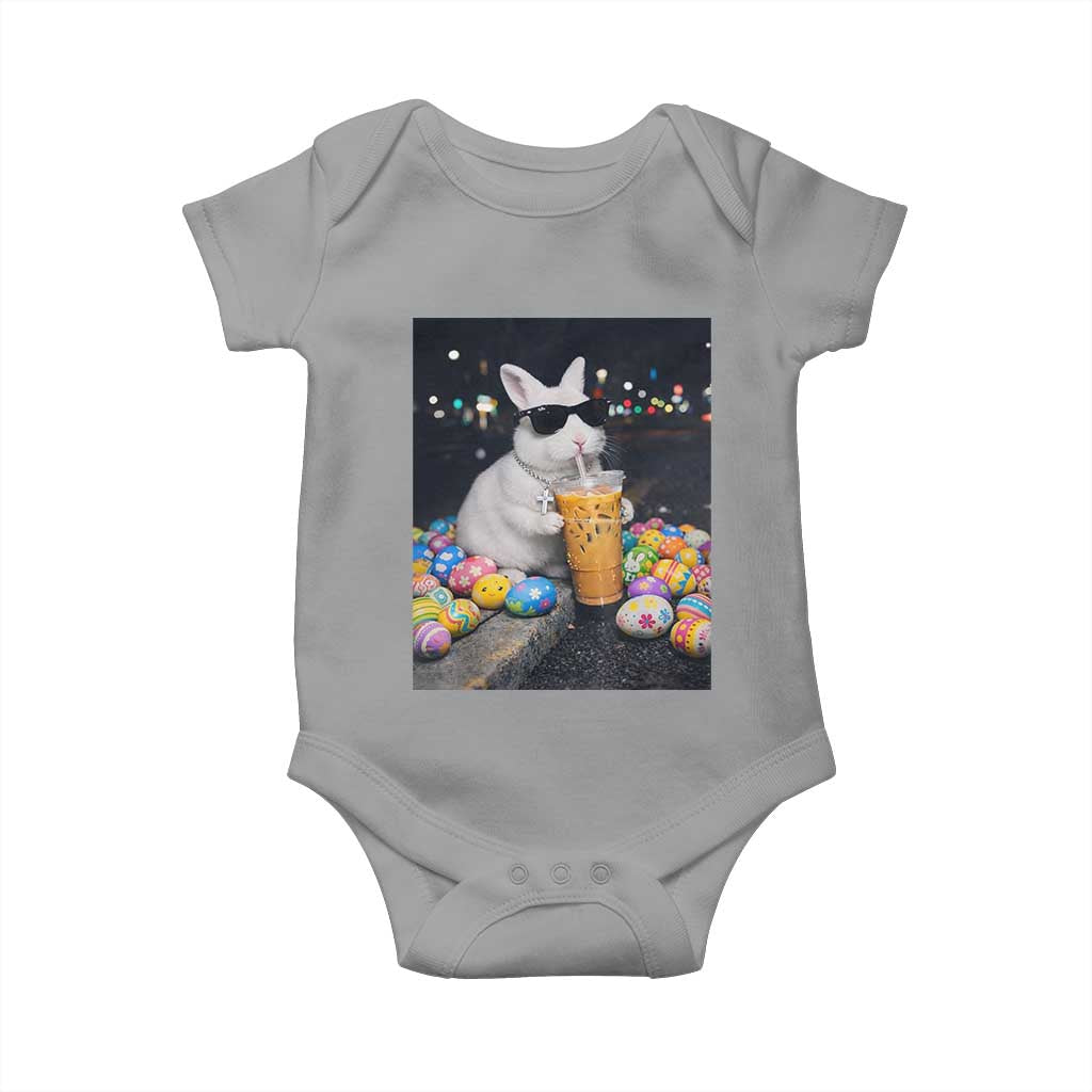 Cool Easter Bunny Drinking Iced Coffee Graphic Baby Onesie Funny Sunglasses Rabbit Spring Aesthetic TS02 Sport Gray Print Your Wear