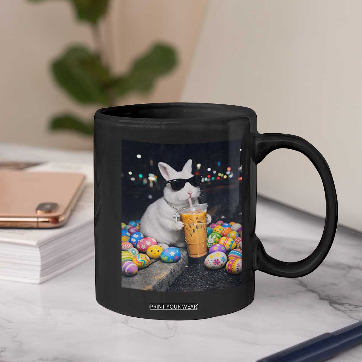 Cool Easter Bunny Drinking Iced Coffee Graphic Coffee Mug Funny Sunglasses Rabbit Spring Aesthetic TS02 Print Your Wear
