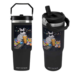 Cool Easter Bunny Drinking Iced Coffee Graphic Flip Straw Tumbler Funny Sunglasses Rabbit Spring Aesthetic TS02 One Size: 30 oz Black Print Your Wear