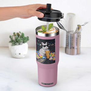 Cool Easter Bunny Drinking Iced Coffee Graphic Flip Straw Tumbler Funny Sunglasses Rabbit Spring Aesthetic TS02 One Size: 30 oz Light Pink Print Your Wear
